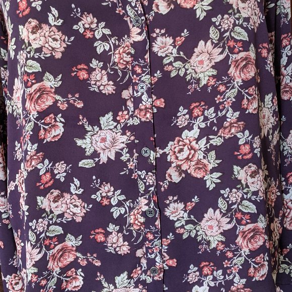 F21+ violet purple & floral button down blouse top - Picture 2 of 8